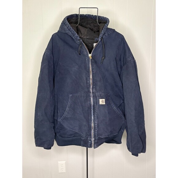 Vintage Carhartt Full Zip Duck Canvas Jacket Hood 3XL Navy‎ J130 Insulated - Picture 1 of 15